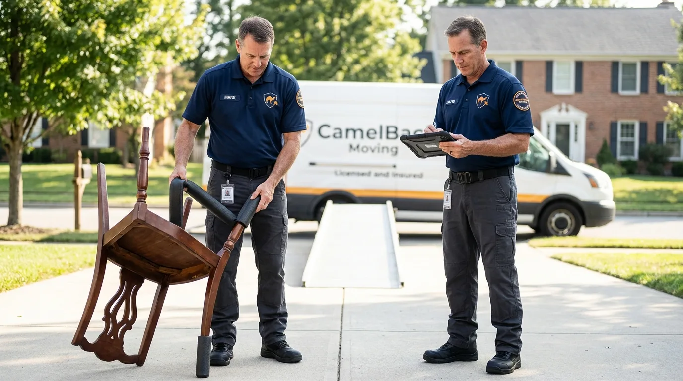 Movers inspecting furniture for damage prevention before loading in Stanardsville, VA