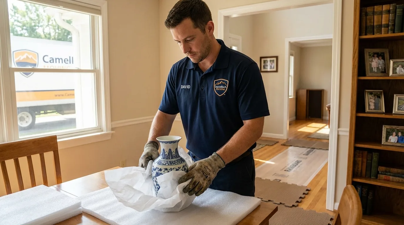 Professional crew carefully wrapping antique vase for senior downsizing move in Stanardsville, VA